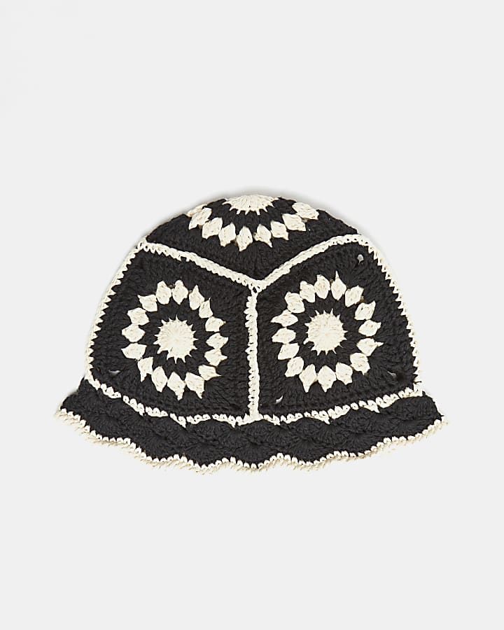 Girls black floral crochet bucket hat