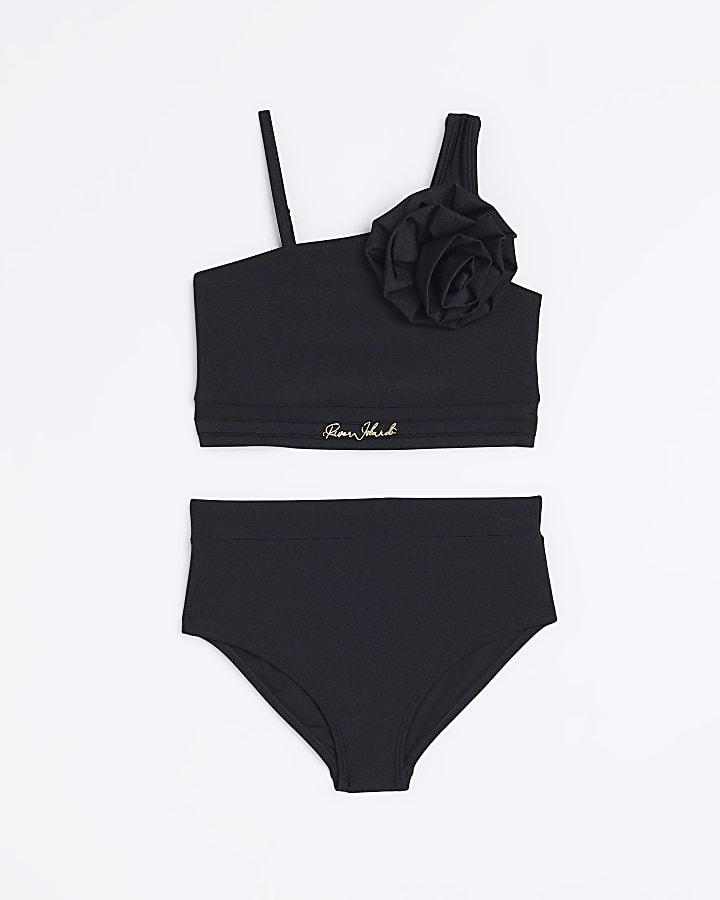 Girls black floral detail bikini set