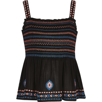 Girls black floral embroidered cami top