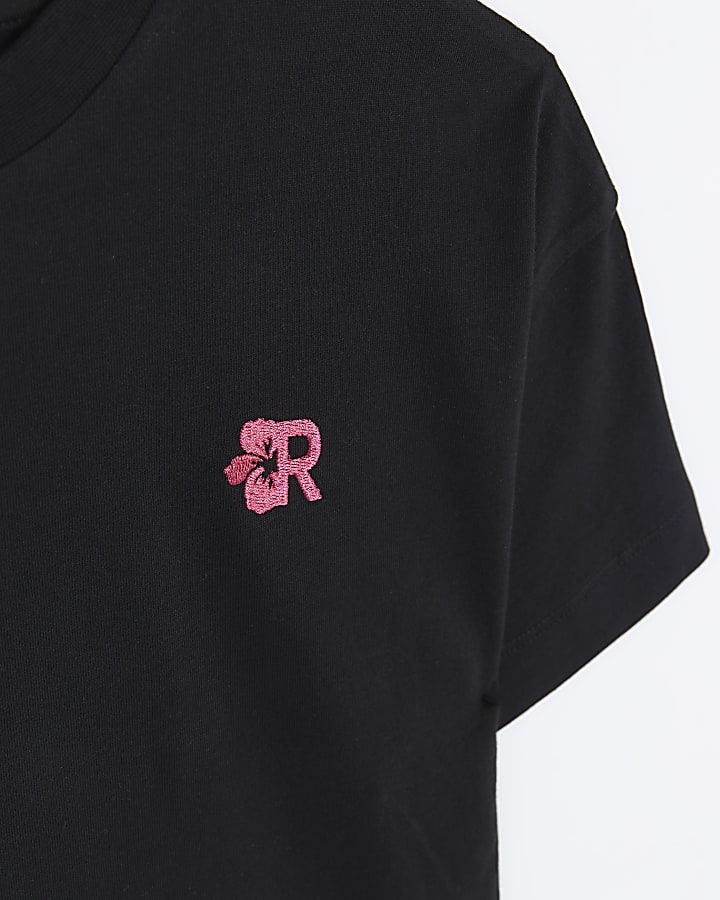 Girls black floral embroidered t-shirt