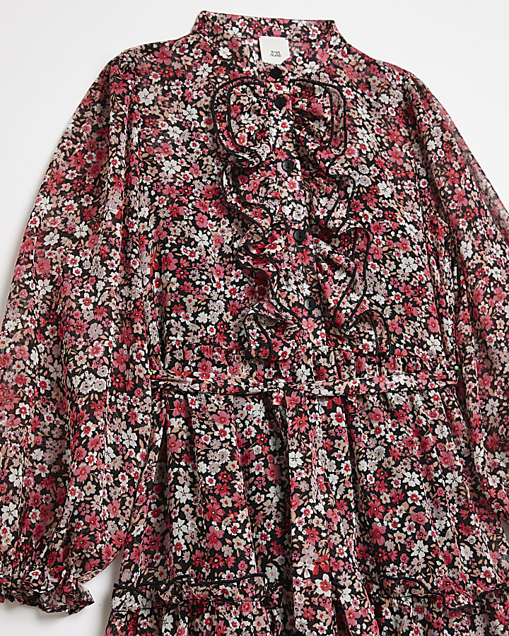 Girls black floral frill detail shirt dress