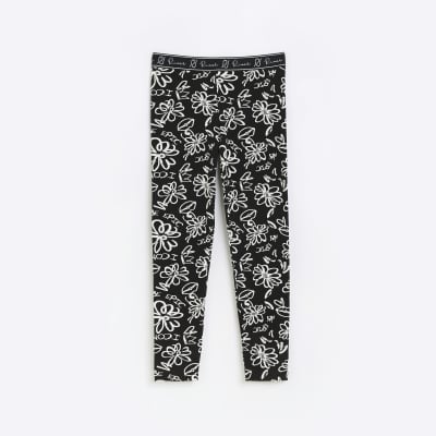 Girls black floral graffiti print leggings | River Island