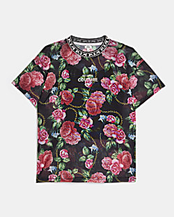 Girls black floral mesh oversized t-shirt