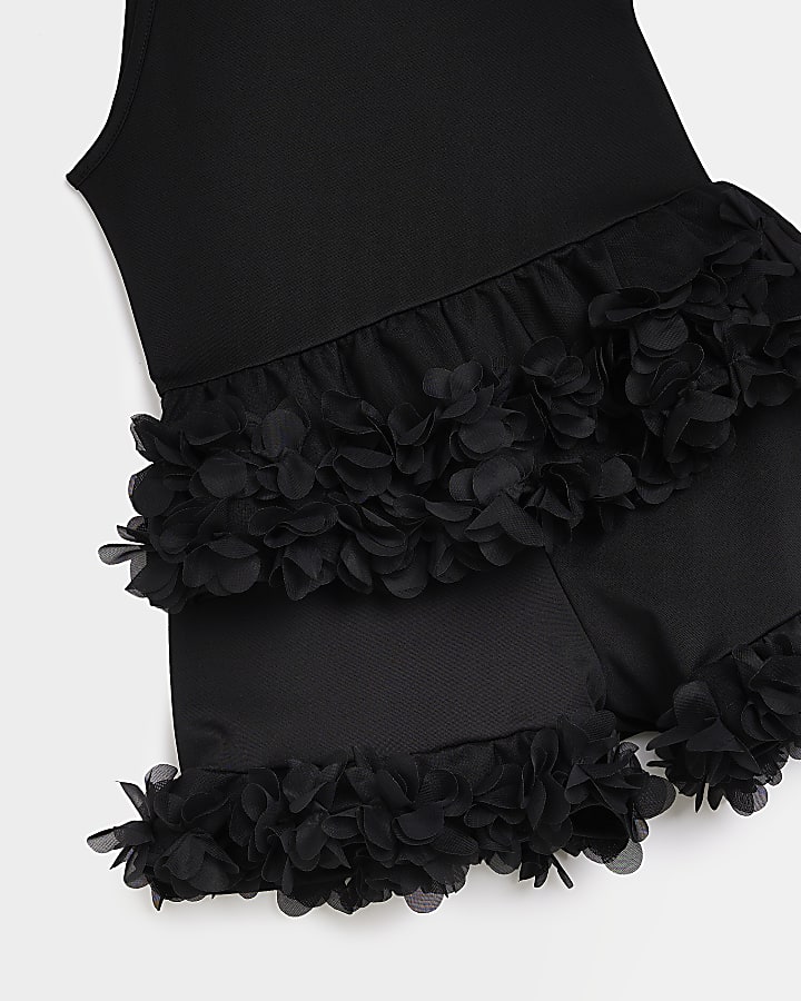 Girls black floral ruffle hem outfit