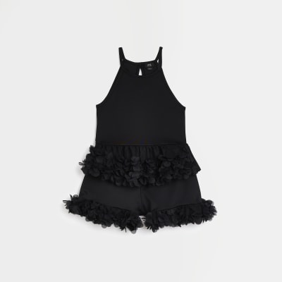 Girls black floral ruffle hem outfit