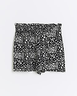 Girls black floral shirred shorts