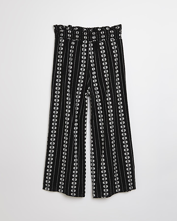 Girls black floral stripe wide leg trousers