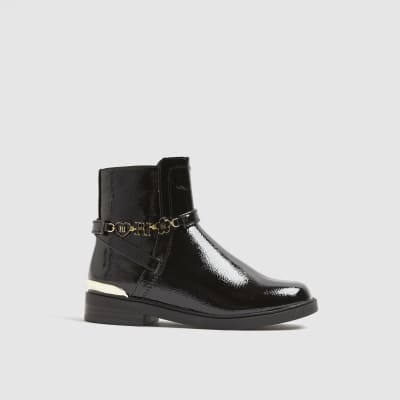 Girls Black Flower Chain Boots