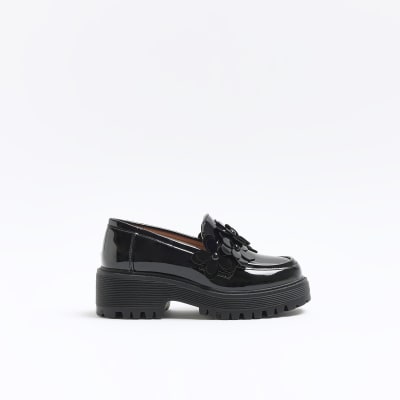 Girls black flower detail chunky loafers | River Island