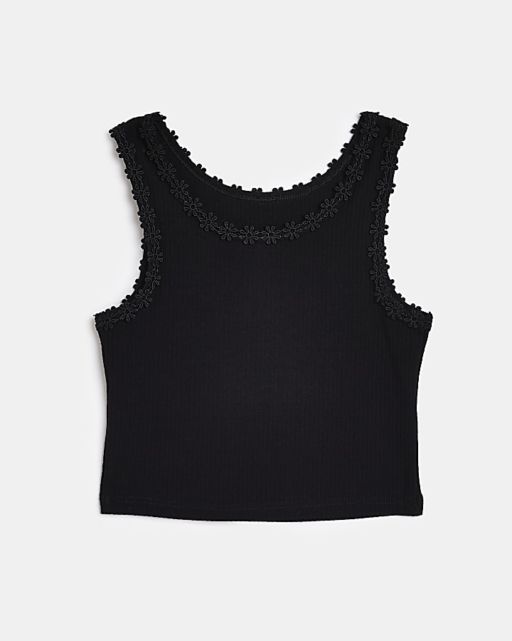 Girls black flower trim vest top