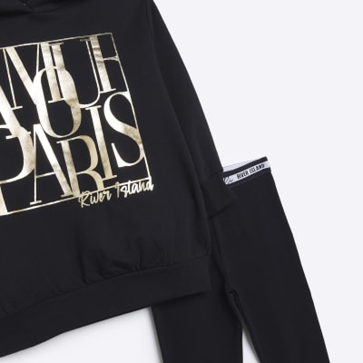Girls Black Foil Graphic Hoodie Outfit