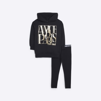 Girls Black Foil Graphic Hoodie Outfit | River Island