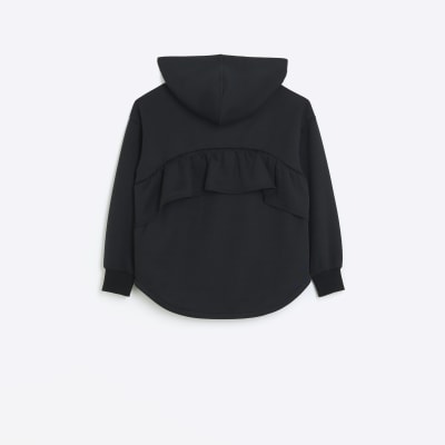 Girls black frill back zip up hoodie