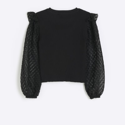 Girls black frill lace sleeve blouse River Island