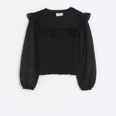 Girls black frill lace sleeve blouse River Island