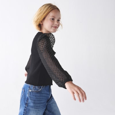Girls black frill lace sleeve blouse River Island