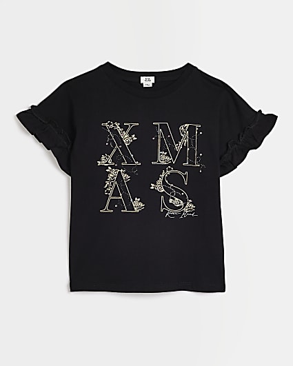 Girls Black Frill Sleeve Christmas T-shirt
