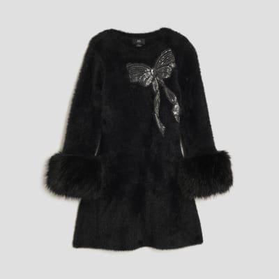 Girls Black Fur Cuff Sequin Bow Skater Dress