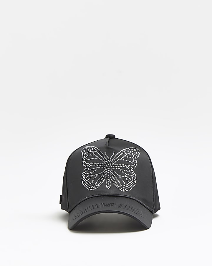 Girls black gem embellished butterfly cap