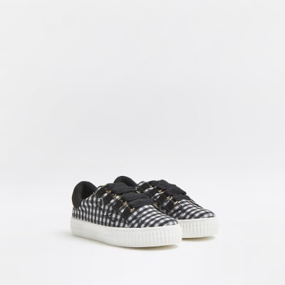 Girls black gingham check plimsolls