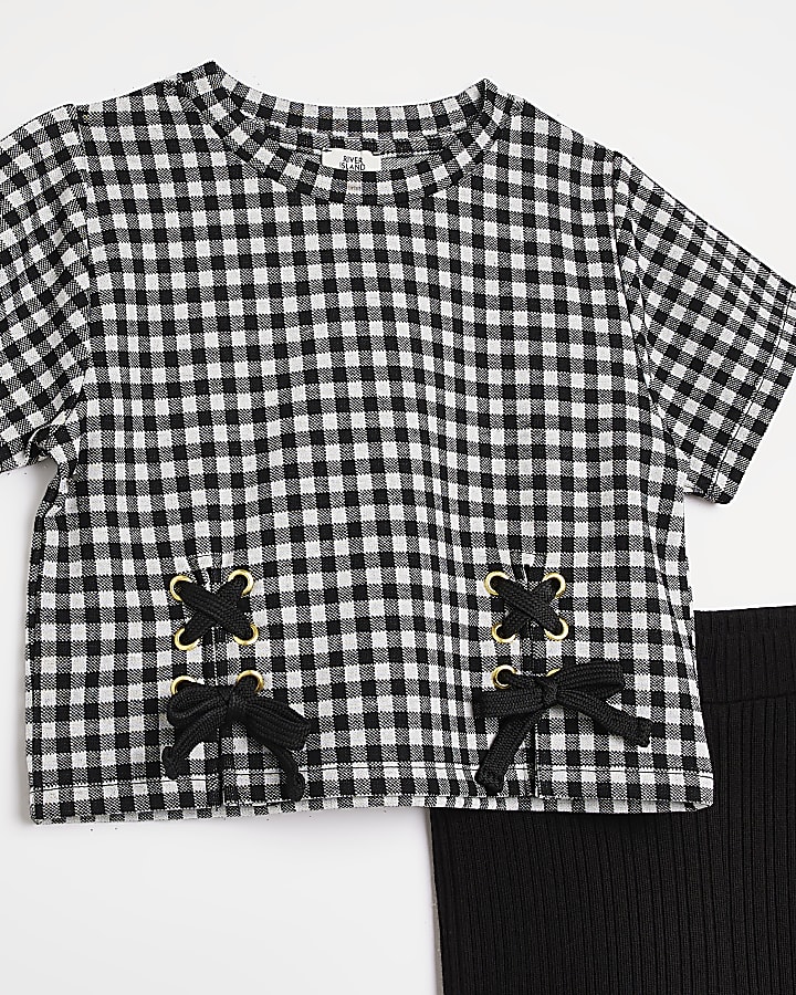 Girls black Gingham Lace Up flared outfit