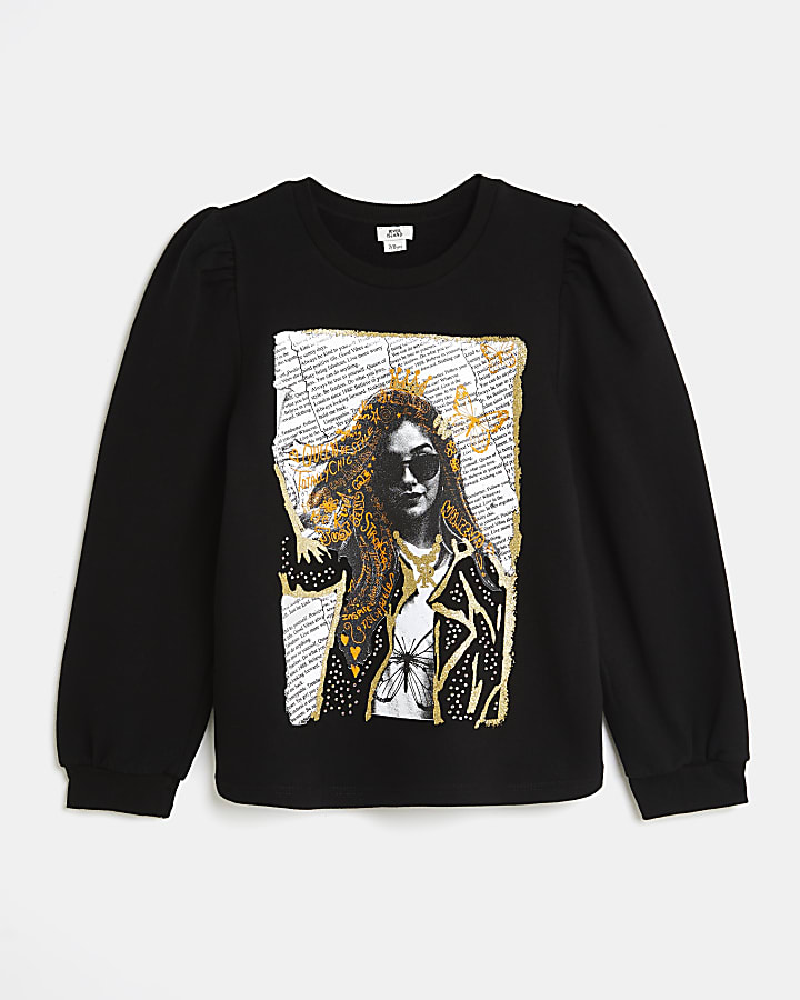 Girls black glitter girl print sweatshirt