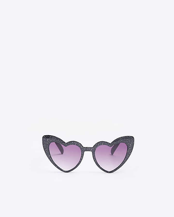 Girls Black Glitter Heart Sunglasses