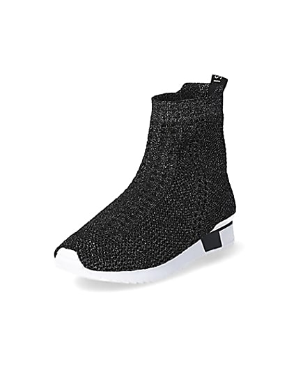 360 degree animation of product Girls black glitter high top knitted trainers frame-0