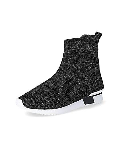 360 degree animation of product Girls black glitter high top knitted trainers frame-1