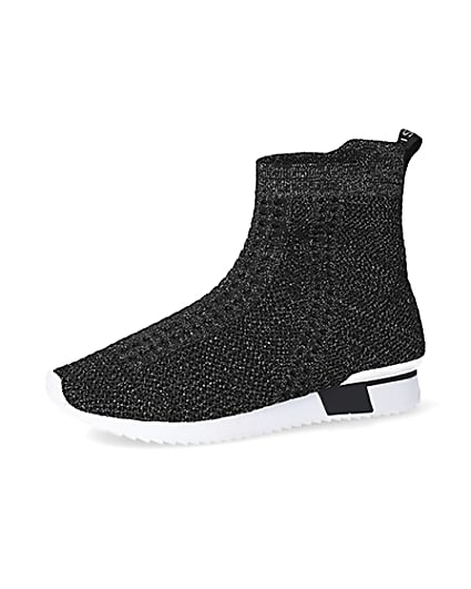 360 degree animation of product Girls black glitter high top knitted trainers frame-2
