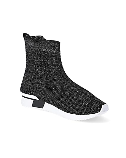 360 degree animation of product Girls black glitter high top knitted trainers frame-18