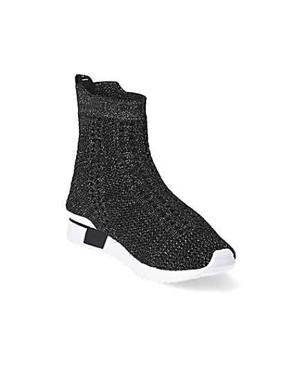 360 degree animation of product Girls black glitter high top knitted trainers frame-19