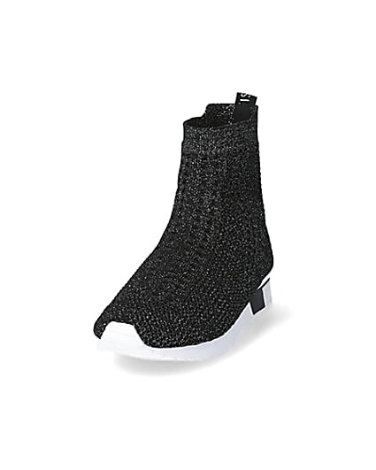 360 degree animation of product Girls black glitter high top knitted trainers frame-23