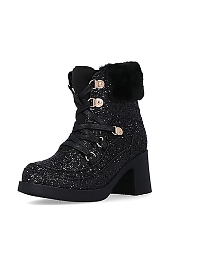 360 degree animation of product Girls Black Glitter Lace Up heeled Boots frame-0