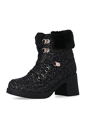 360 degree animation of product Girls Black Glitter Lace Up heeled Boots frame-1