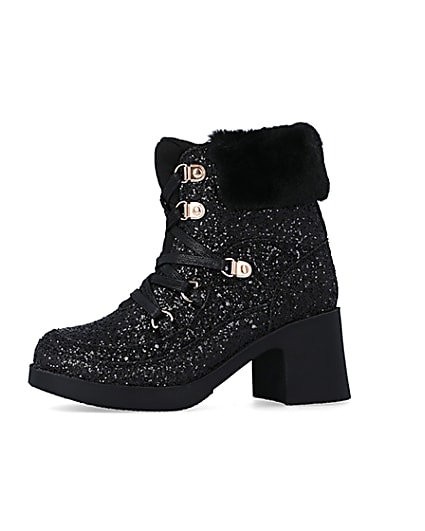360 degree animation of product Girls Black Glitter Lace Up heeled Boots frame-2