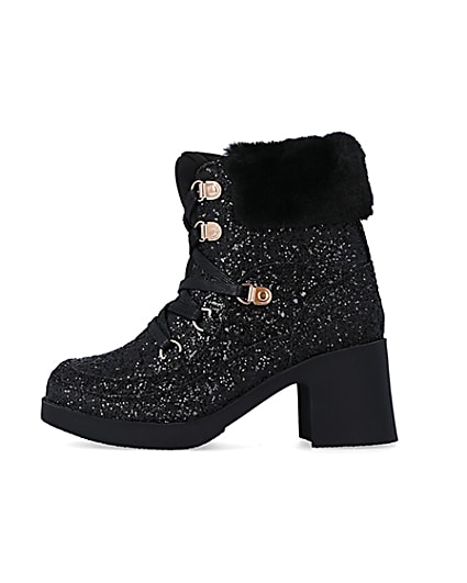 360 degree animation of product Girls Black Glitter Lace Up heeled Boots frame-3