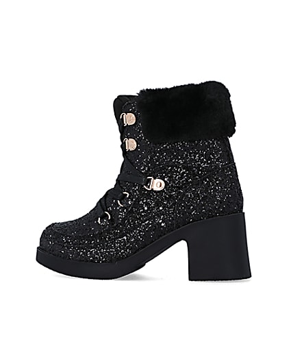 360 degree animation of product Girls Black Glitter Lace Up heeled Boots frame-4