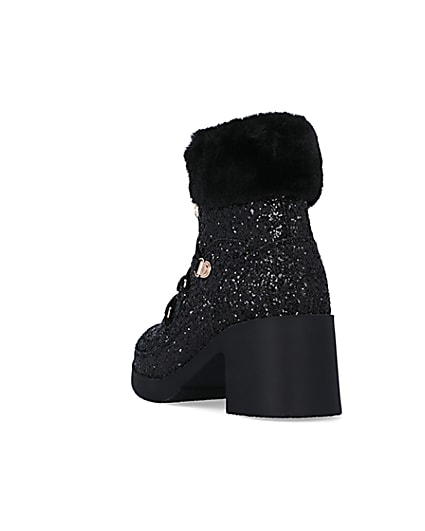 360 degree animation of product Girls Black Glitter Lace Up heeled Boots frame-7