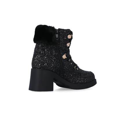 360 degree animation of product Girls Black Glitter Lace Up heeled Boots frame-13