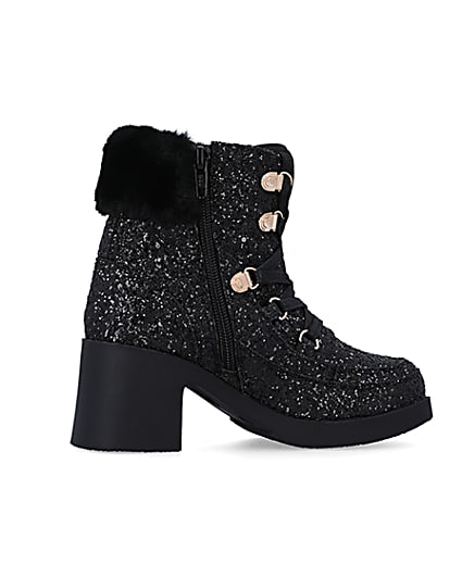 360 degree animation of product Girls Black Glitter Lace Up heeled Boots frame-14