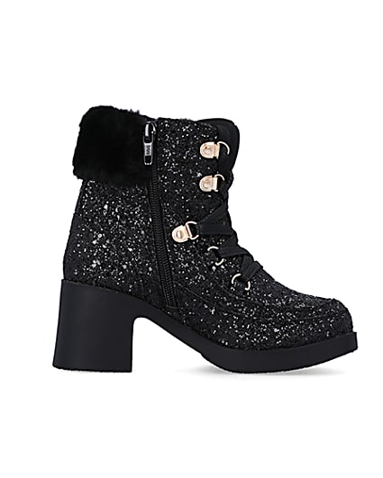 360 degree animation of product Girls Black Glitter Lace Up heeled Boots frame-15