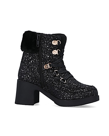 360 degree animation of product Girls Black Glitter Lace Up heeled Boots frame-16