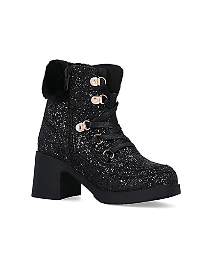360 degree animation of product Girls Black Glitter Lace Up heeled Boots frame-17