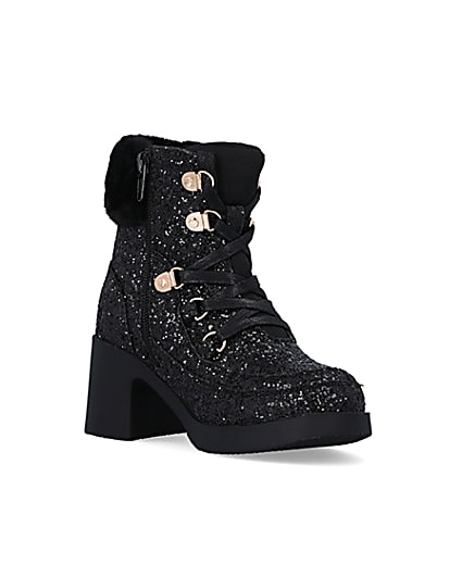 360 degree animation of product Girls Black Glitter Lace Up heeled Boots frame-18