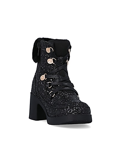 360 degree animation of product Girls Black Glitter Lace Up heeled Boots frame-19