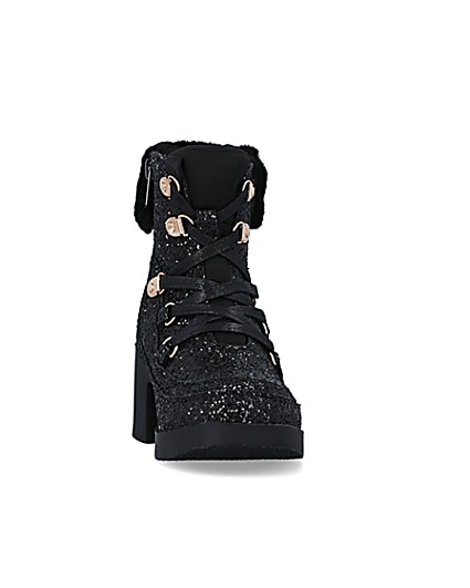 360 degree animation of product Girls Black Glitter Lace Up heeled Boots frame-20