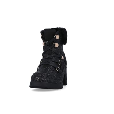 360 degree animation of product Girls Black Glitter Lace Up heeled Boots frame-22
