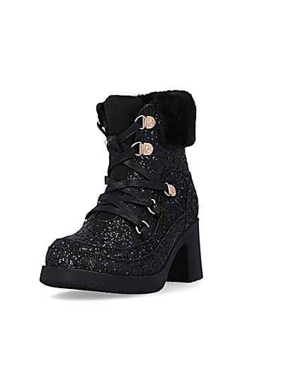 360 degree animation of product Girls Black Glitter Lace Up heeled Boots frame-23