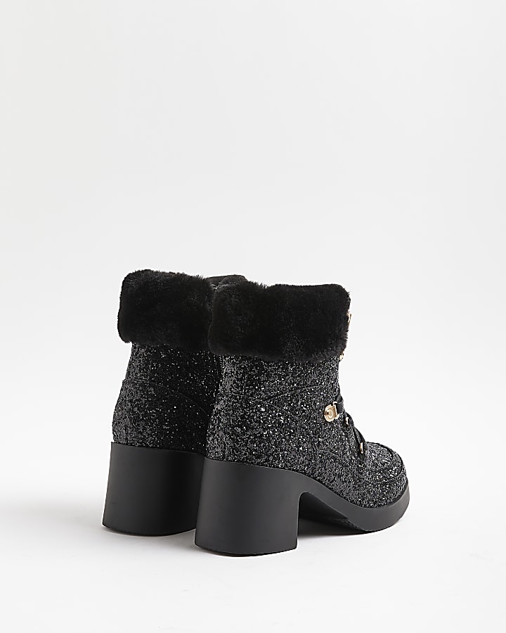 Girls Black Glitter Lace Up heeled Boots